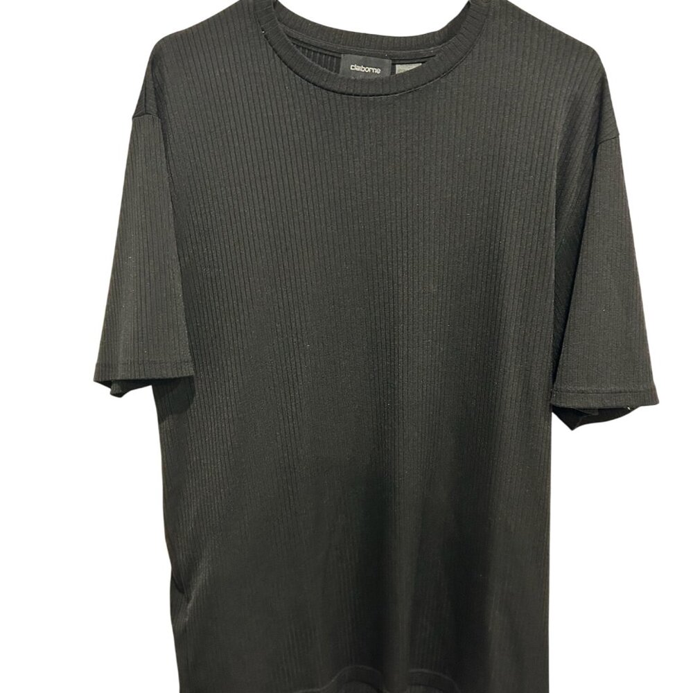 Claiborne Textured Ribbed Black Crew Neck T-Shirt Large Stretchy Short Sleeve